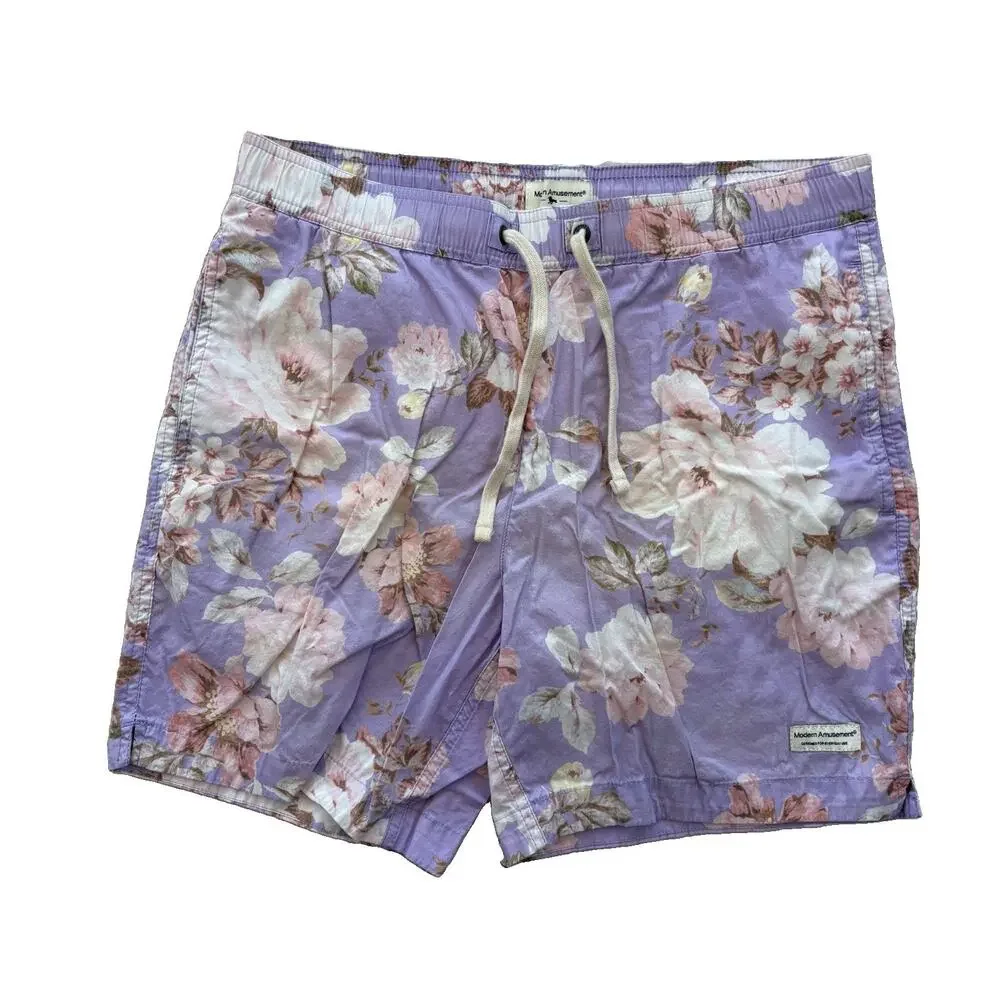 Modern Amusement Men’s Swim Trunks Purple Flowers Size Small